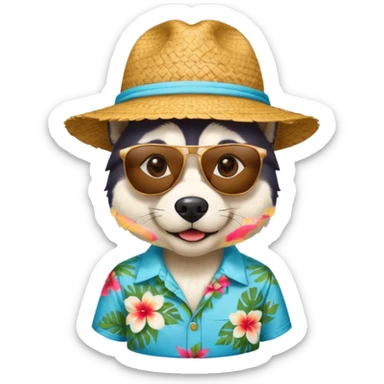 hasky with sunglasses and straw hat, hawaii shirt sticker