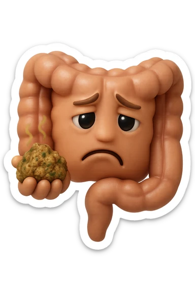 EMOJI STILE IPHONE 3D DI un intestino con espressione triste mentre tiene in mano delle fibre fermentate a poltiglia, FALLO MOLTO REALISTICO IN 3D sticker