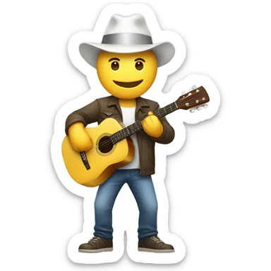 White guy holding both a guitar and iPhone wearing a party hat sticker