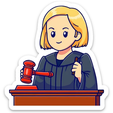 Angry judge with shoulder length blonde hair holding a gavel sticker