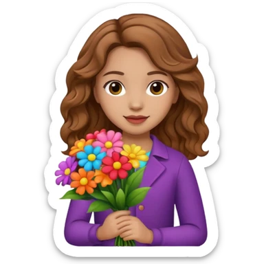 Niña con un ramo de flores que sea castaña con cabello ondulado  sticker