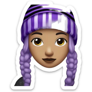 with neon purple eyes and short, dull purple hair. She wears a black striped beanie with a glittery bobble at the tip, and black boots with long, dark purple light purple striped socks. She  sticker