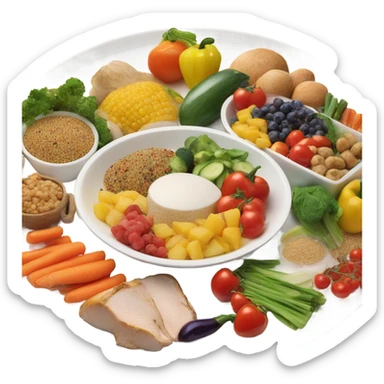 A large white round plate of healthy food sticker