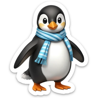 friendly anthropomorphised penguin in a jacket and scarf brisk walking, energetic pose sticker