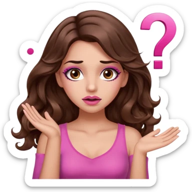 girl with long wavy brown hair, brown eyes, long lashes makeup, sexy pink lips, light to medium complexion, pink sexy top,, shrugging with both hands, confused, question mark sticker