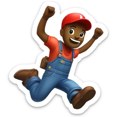 Create a cheerful character with a round face, red cap, blue overalls, and brown shoes, jumping in a vibrant fantasy landscape with green hills and floating blocks, evoking retro platformer games. sticker