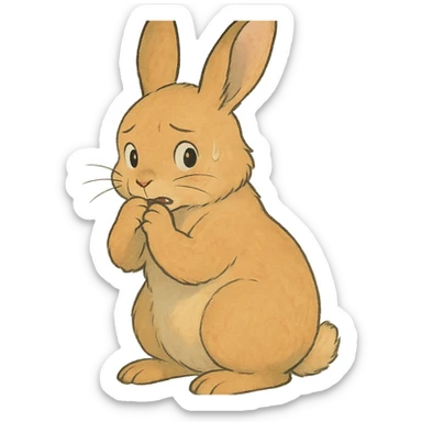apricot bunny biting paw nervously, full body, soft Ghibli style sticker
