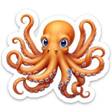 Cinematic Comical smirking Octopus Portrait Emoji, Head tilted dramatically with an exaggeratedly amused expression, featuring a rotund, light orange body festooned with bold blue rings and eight wildly expressive arms with comically animated suckers, Simplified yet hilariously expressive features, highly detailed, glowing with a slightly sassy underwater glow, high shine, dramatic yet playful, stylized with an air of quirky marine mischief, soft glowing outline, capturing the essence of a meme-worthy octopus that looks ready to squirt its way into viral fame! sticker