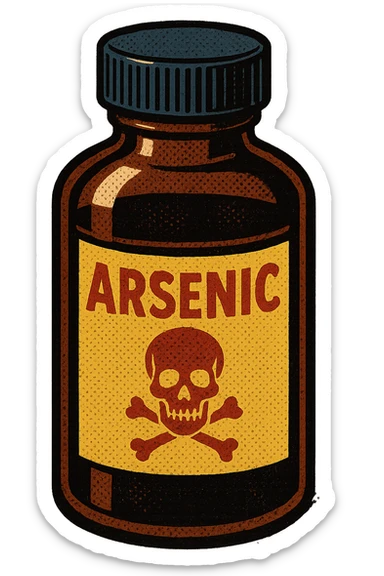 A closed medicine bottle with the word arsenic written on the bottle with a poison symbol sticker