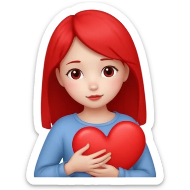 cute girl with a shy expression holding a heart close to her chest, minimal details sticker