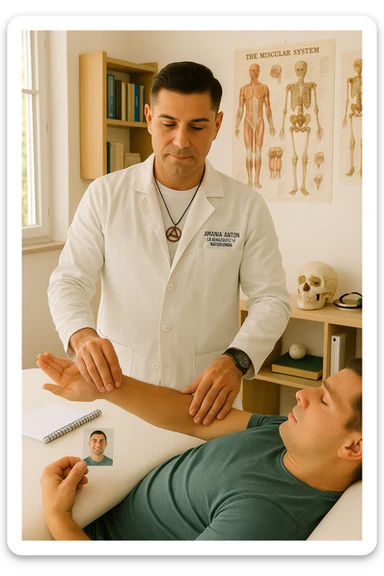 a middle-aged man, dressed in casual professional attire, is in a bright, organized therapy studio. Durante una visita di kinesiologia, il praticante tiene con una mano la foto di una persona lontana (il “testimone”) appoggiata su un tavolo, mentre con l’altra mano esegue un test muscolare su un cliente presente. Sullo sfondo si vedono libri di kinesiologia, poster anatomici e strumenti tipici della disciplina. L’atmosfera è concentrata e serena, con luce naturale che entra dalla finestra, sottolineando l’aspetto alternativo e umano della pratica. sticker