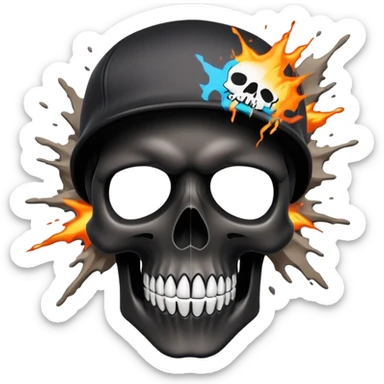smooth black skull with wild graffiti explosion and hypebeast streetwear brand logos, angled view sticker