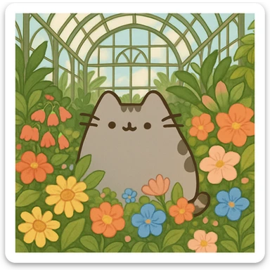 pusheen cat surrounded by flowers in a botanical garden greenhouse sticker