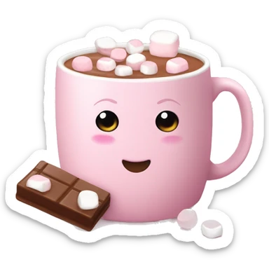Pale pink hot chocolate mug with hot chocolate in it and marshmallows sticker