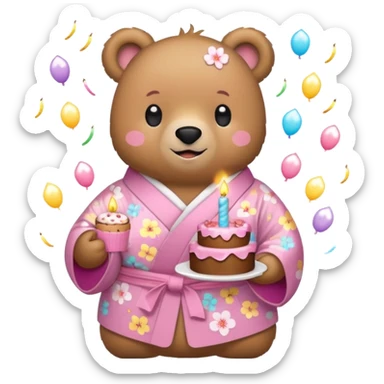 A cute light-brown bear wearing a pastel pink sakura-patterned kimono, normal balanced body ratio.  
Holding a small birthday cake with candles, smiling brightly with confetti and spark effects around.  
Kawaii emoji style, minimalistic clean sticker illustration, white background. sticker