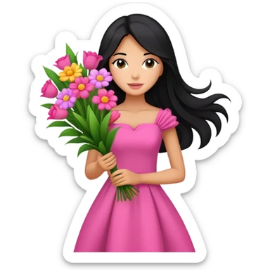 beautiful girl with long black hair wearing pink dress holding a colorful bouquet of flowers sticker