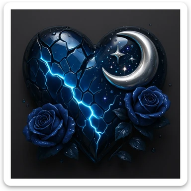 Create a gothic heart with splintered deep blue glass, silver crescent moon, midnight blue roses, holographic stardust, neon lightning, and a wet look. The style should emulate the 3D emoji style with a focus on depth and shine. sticker