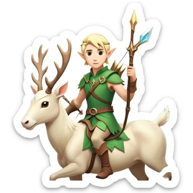 clash-of-clans-aesthetic-blond-male elf-archer-portrait-emoji, rendered in a flat, vector-style with minimal shading and bold, simplified shapes, head tilted slightly forward with a determined, focused expression, riding a majestic white stag whose antlers glow with mystical energy, set against an ancient, enchanted forest backdrop. sticker