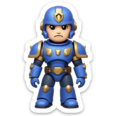 Clash of Clans aesthetic: Cinematic Playful Space Marine Hero Emoji, rendered in a 3D vector-style similar to standard emojis with minimal shading and bold, simplified shapes. A compact, heroic isometric figure clad in futuristic power armor with signature energy accents, softly glowing with a cosmic battle charm. Simplified yet unmistakably iconic, highly detailed and consistent, glowing with a soft radiant shine and high gloss. Stylized with a touch of interstellar valor and a soft glowing outline, capturing the essence of an elite space warrior with a friendly, playful manner! sticker