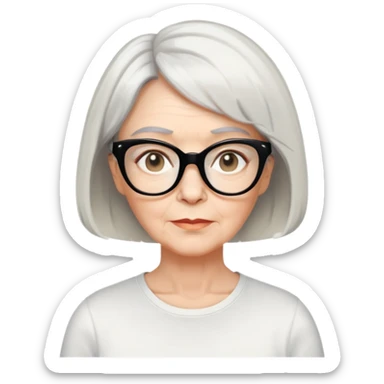 white older woman about 60 with light warm skin, short black bob haircut with slight waves at ends, neutral expression, large black shiny butterfly or cat-eye glasses, white casual t-shirt, calm and creative energy sticker