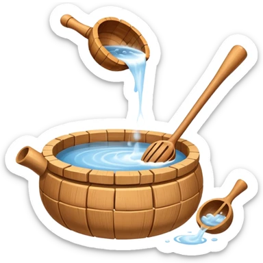 Ladle pouring water onto sauna rocks with steam sticker