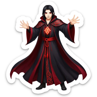 Cinematic Realistic WoW Vampire Mage Portrait, captured in a dynamic, battle-ready pose as he unleashes a torrent of arcane energy. His pallid skin and sleek dark hair contrast sharply with the flowing black robe adorned in silver filigree and glowing runes, while his crimson eyes radiate unyielding power. Rendered with intense, lifelike texture and dynamic, eerie lighting, high shine, embodying the fierce, relentless spirit of a dark sorcerer. sticker