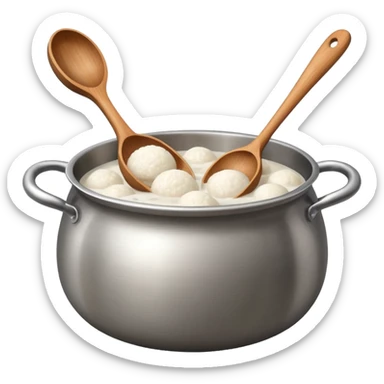 deep stainless steel pot with boiling floating glutinous rice flour balls and wooden spoon sticker