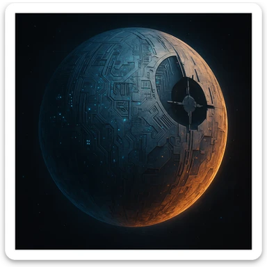 stylized moon inspired by Star Wars, featuring sci-fi details and a hint of a space station silhouette, cinematic and detailed sticker