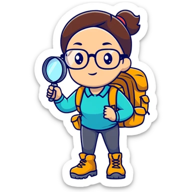 Woman in her late 30s with glasses wearing sporty outfit, hiking boots, and backpack, holding a magnifying glass and looking curious sticker