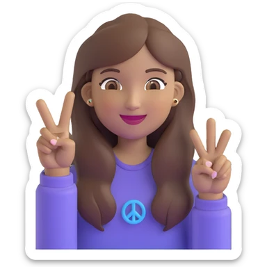 a girl with long brown hair and brown eyes smiling, memoji style, with a peace sign sticker