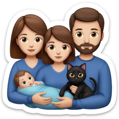 1 mom brown hair, 1 dad NO beard, 1 baby and 1 black cat sticker