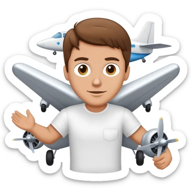 White man with brown hair in a white tshirt flying a plane with an ARR banner behind the plane sticker