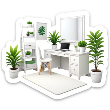 clean modern teenage bedroom with white furniture, white bed, white desk, white vanity, and potted plants sticker