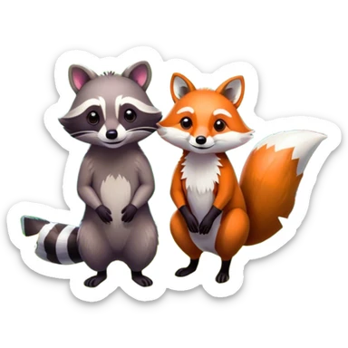 Collage of a raccoon and a fox, in close-up, surrounded by a colorful forest with rich green trees, thick bushes, and vibrant foliage. Sunlight peeks through the branches, casting warm light on the animals. A lively, natural setting with a transparent background. sticker