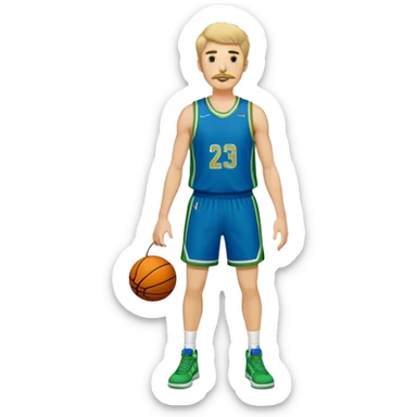 Full Body  white male basketball player with short shaggy hair and gold tee mustache wearing blue and green uniform sticker