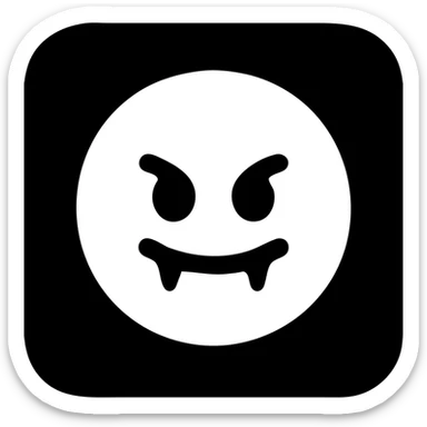 black square button with an angry face with black eyes, smile, and fangs, solid filled icon sticker
