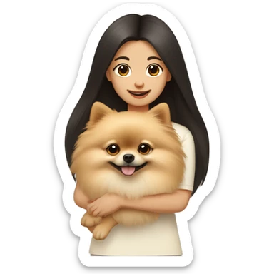 A cream-colored Pomeranian dog in the arms of a dark-haired girl sticker
