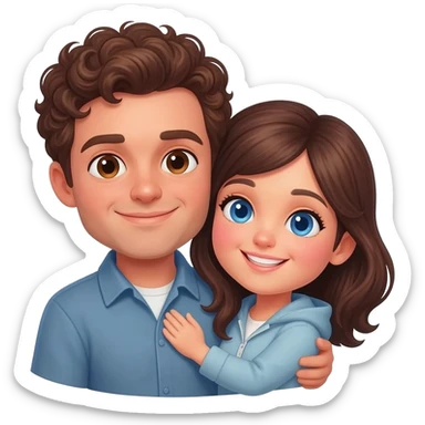 Cute brunette couple on a flight cuddling. Man has brown curly hair and woman has blue eyes and dark brown hair sticker