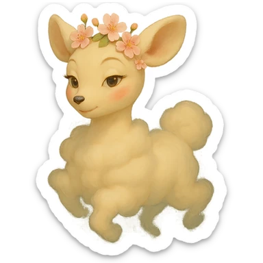 Make the front of this feminine adult vanilla cloud doe with rosy cheeks and cherry flowers, floating gracefully in a dreamy Ghibli-Pixar style. Keep the dreamy, elegant, and magical look with a transparent background. sticker