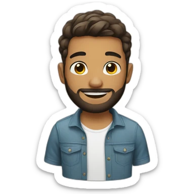 young man with tattoos, short hair, and a beard sticker