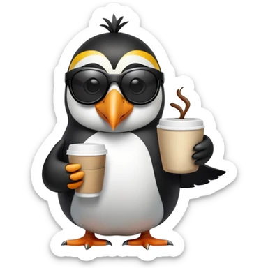penguin with toucan beak holding a coffee cup and wearing sunglasses sticker