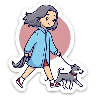 Japanese girl with flowing hair walking a grey greyhound sticker