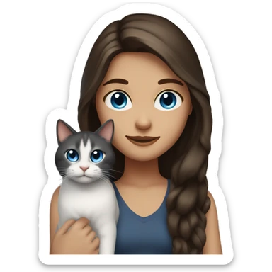 Brunette Girl with Long hair, Blue eyes and cuddeling a Brown-black-white Cat  sticker
