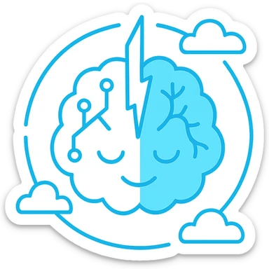 minimalist icon of a brain divided in half by a central energy blade, hemispheres with circuit and neuron lines, outer circle broken by three points, flat, monochromatic neon blue, for emoji or digital badge sticker