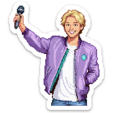 Pixel art style, expressive male performer, Caucasian features, short sandy blonde hair, lively eyes, wide cheerful smile, wearing a violet jacket over white tee, tossing a microphone in one hand, waist-up, front-facing sticker