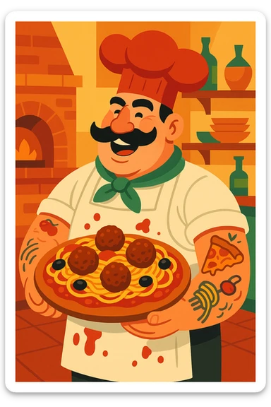 A tall, burly Italian chef with a thick black mustache and a big red chef hat, wearing a white apron stained with tomato sauce. He’s holding an oversized, loaded pizza topped with spaghetti, meatballs, and olives. His tattooed arms show pizza and pasta motifs. Colorful and cartoonish style with exaggerated features and a lively Italian kitchen background. sticker