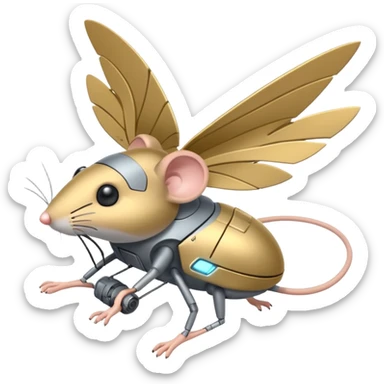 A mouse combined with a military drone, with mechanical wings and a determined expression, flying through the city sticker