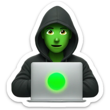 a man wearing a black hoodie behind a laptop screen projecting green light on him sticker