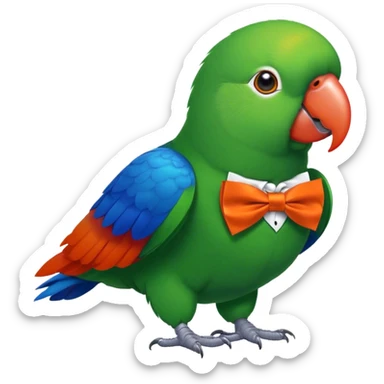 Give me an emoji, a green bird with an orange beach and red+blue under the wings. Make this bird a male eclectus parrot, give him a spiffy little orange bowtie sticker