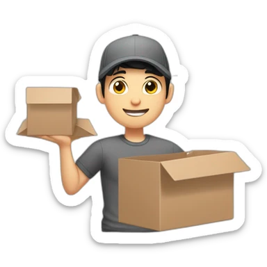 Pale skinned fit Man with black hair in a gray cap and dark gray polo T-shirt keeping a pasted box into his hands sticker